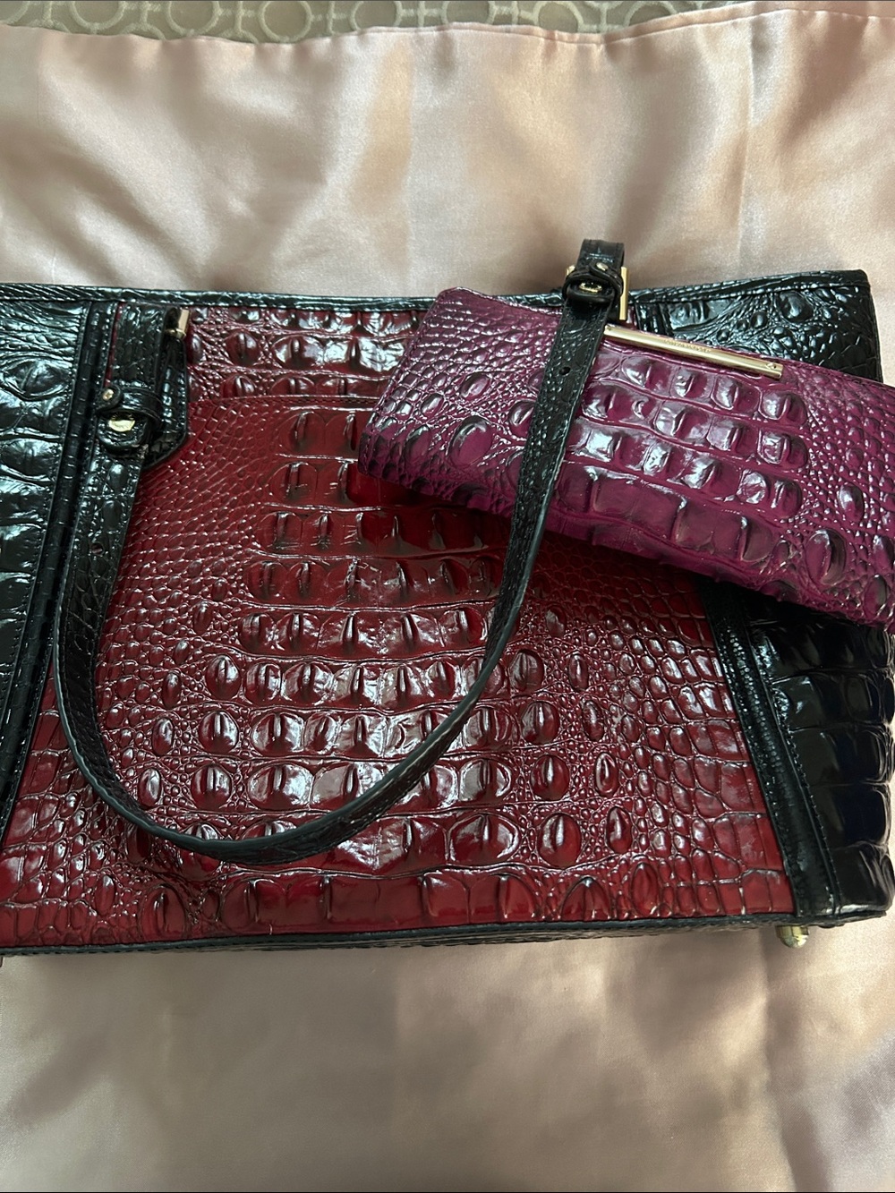 Brahmin Croc-Embossed Tote with Matching Wallet in Burgundy and Black